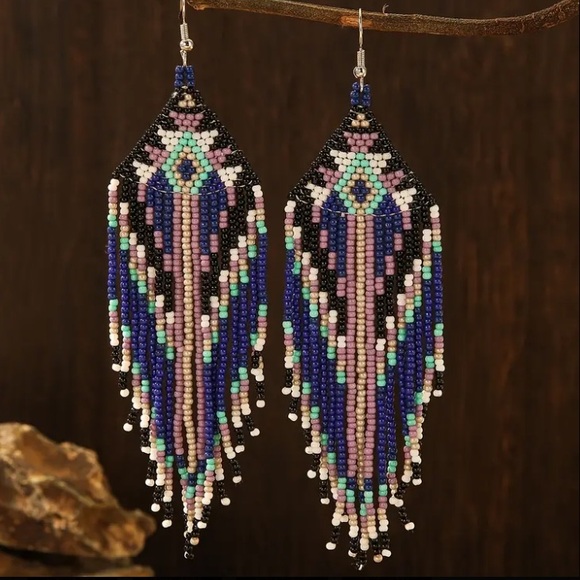 Multi Color Seed Bead Boho Tassel Earrings - Picture 4 of 4